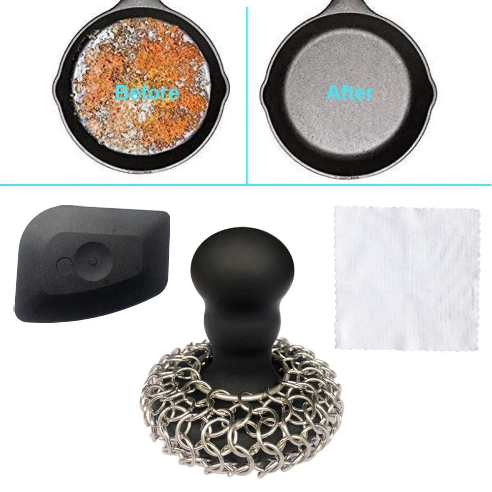 Cast Iron Cleaner Scrubber with Chain Mail Sponge, Silicone Handle, and Pan Scraper for Skillet Grill and Dutch Oven
