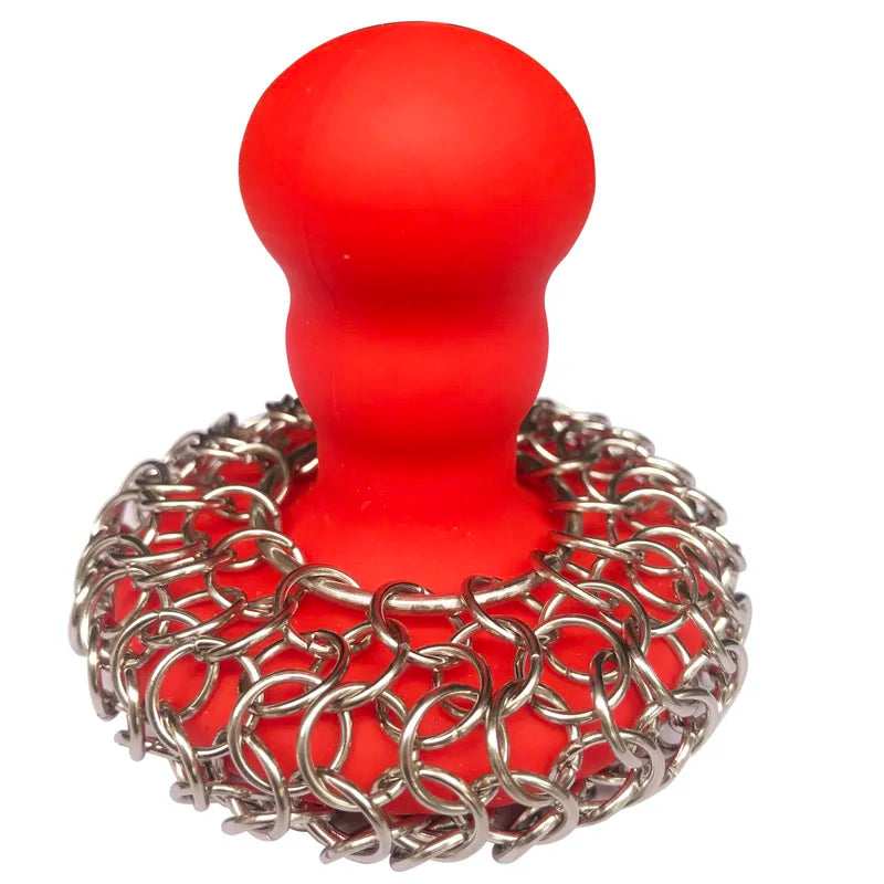 Cast Iron Cleaner Scrubber with Chain Mail Sponge, Silicone Handle, and Pan Scraper for Skillet Grill and Dutch Oven