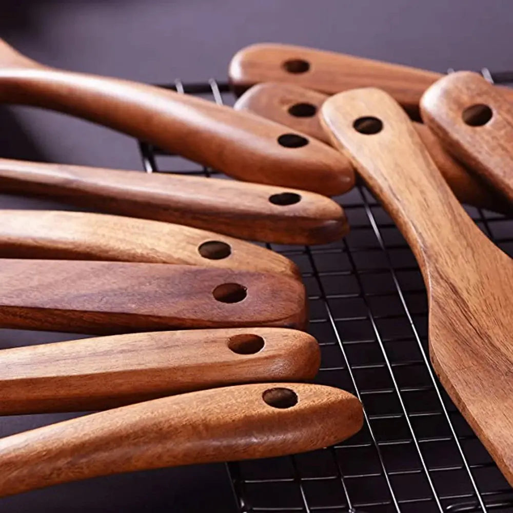6 Piece Teak Wooden Kitchen Utensils Set Non Stick Cooking Tools with Spatula and Spoons
