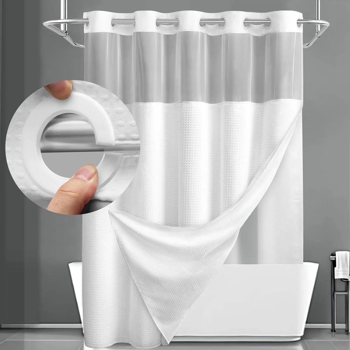 No Hook Shower Curtain with Snap In Liner and Waffle Weave Design for Bathroom Use