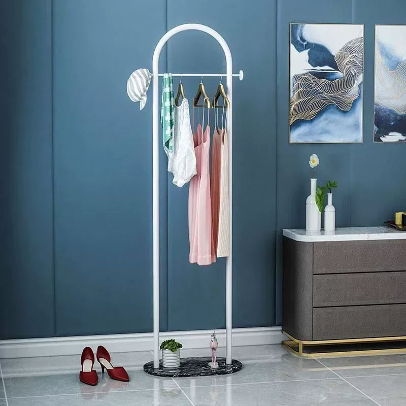 Metal Free-Standing Clothes Hanger with Marble Base, Minimalist Bedroom Coat Rack with Storage Shelf for Garments and Accessories