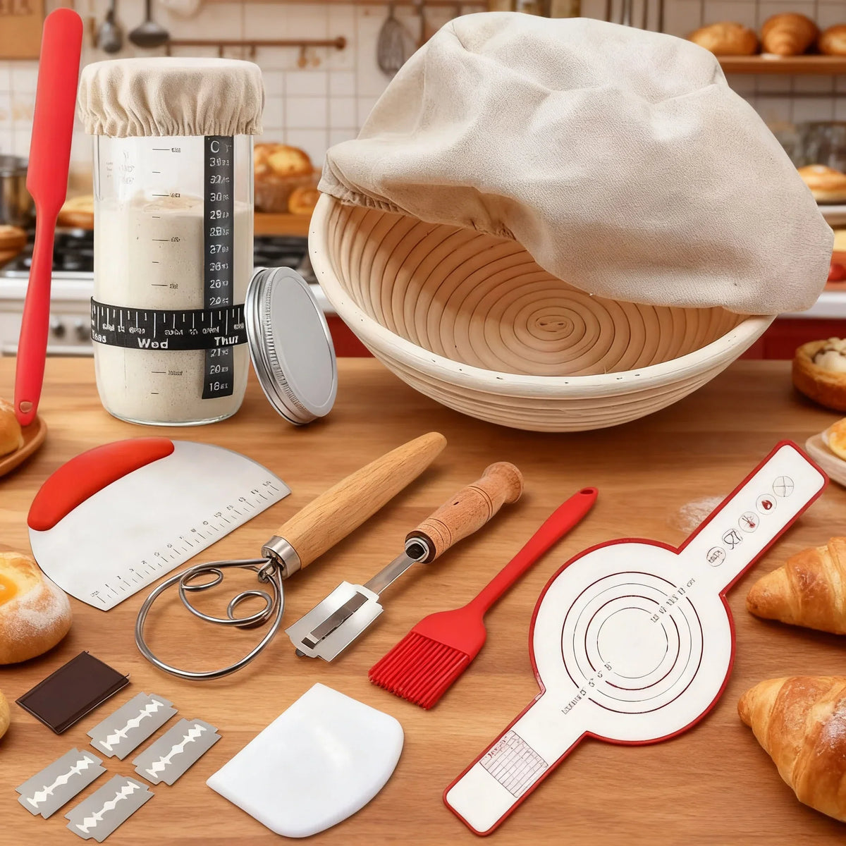 Complete Sourdough Starter Kit with Banneton Proofing Basket Glass Starter Jar for Home Bread Baking