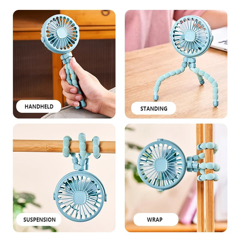 Rechargeable Octopus Mini Fan with Flexible Tripod, LED Night Light and Portable Hands-Free Design