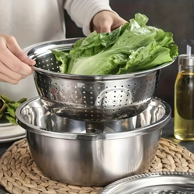 Stainless Steel Slicer Bowl Set with Colander and Grater Design for Fruit Vegetable Prep and Mixing