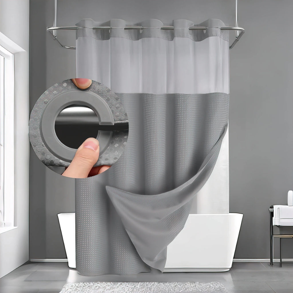 No Hook Shower Curtain with Snap In Liner and Waffle Weave Design for Bathroom Use