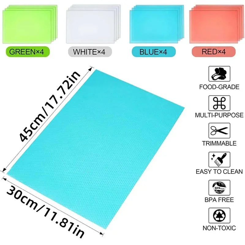 4Pcs Waterproof Refrigerator Liner Mats EVA Washable Shelf Pads for Fridge Drawer Cabinet and Kitchen Storage