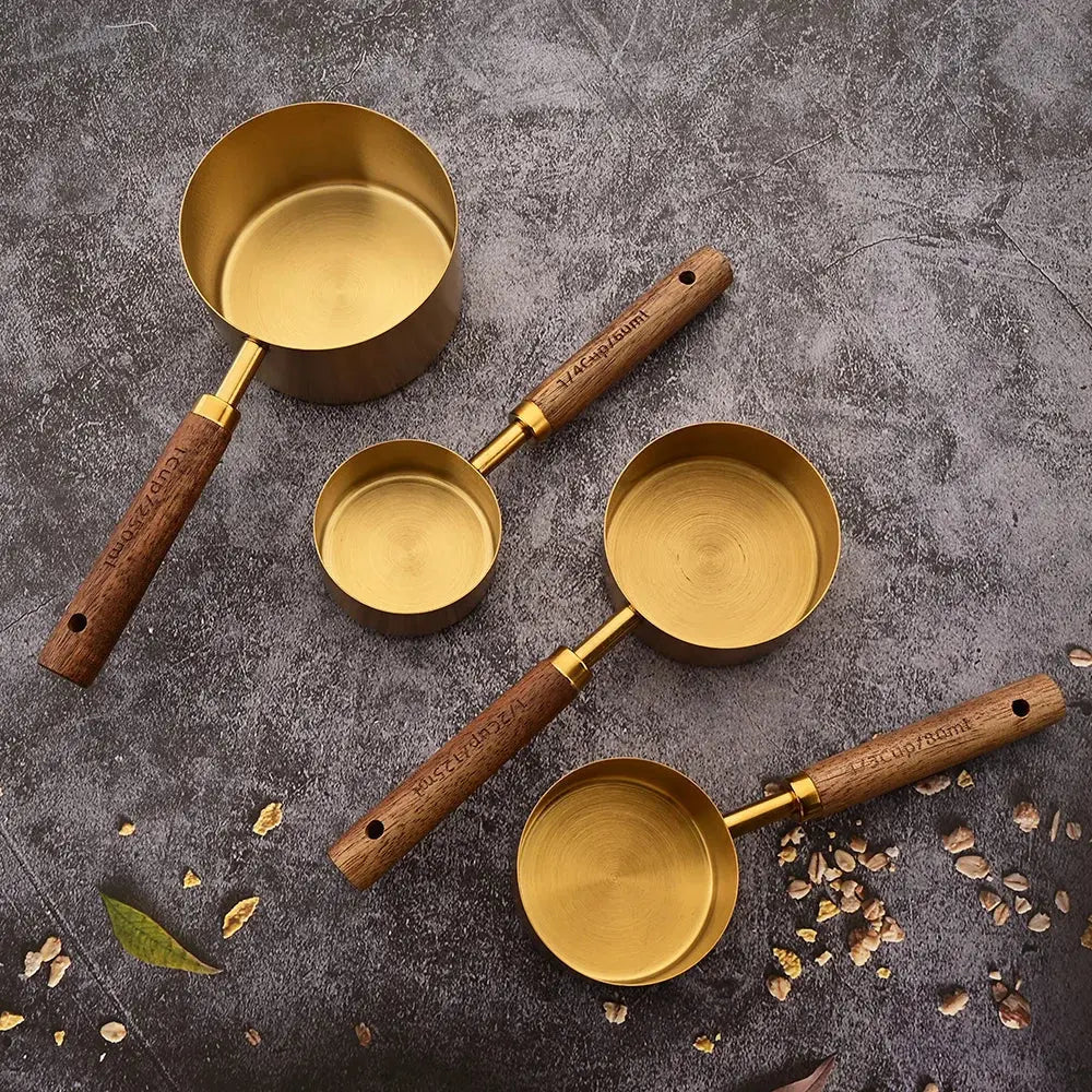 Gold Stainless Steel Measuring Cups and Spoons Set with Wooden Handles for Baking