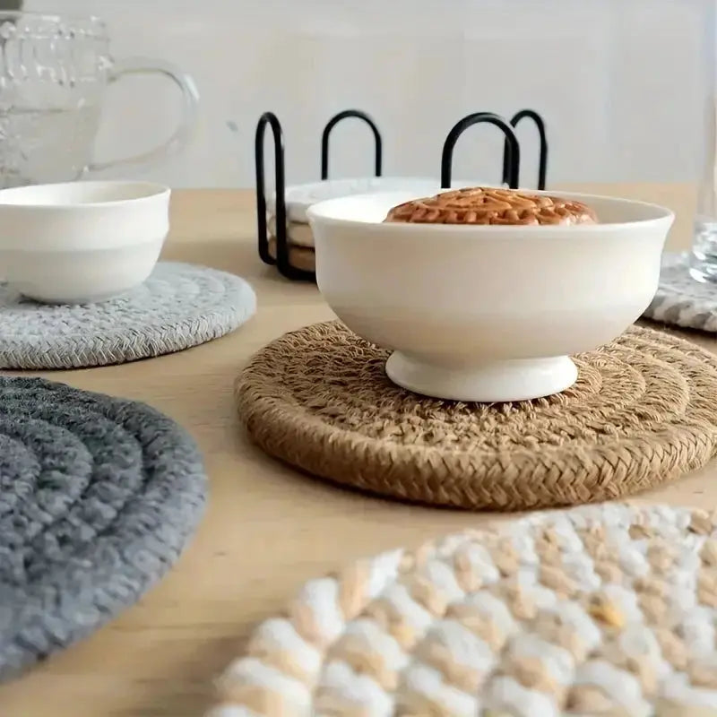 8 Piece Knitted Heat Resistant Coaster Set Spiral Pattern Tabletop Protector