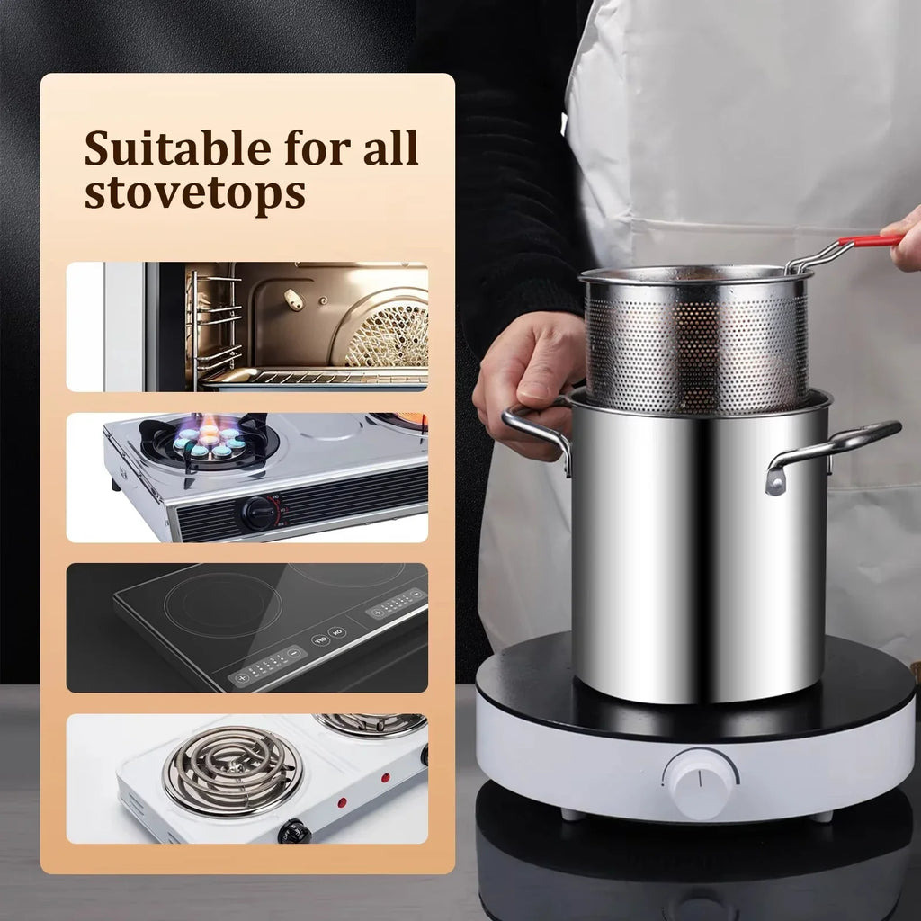 Stainless Steel Deep Fryer Pot with Basket and Lid for Tempura and Everyday Frying Use