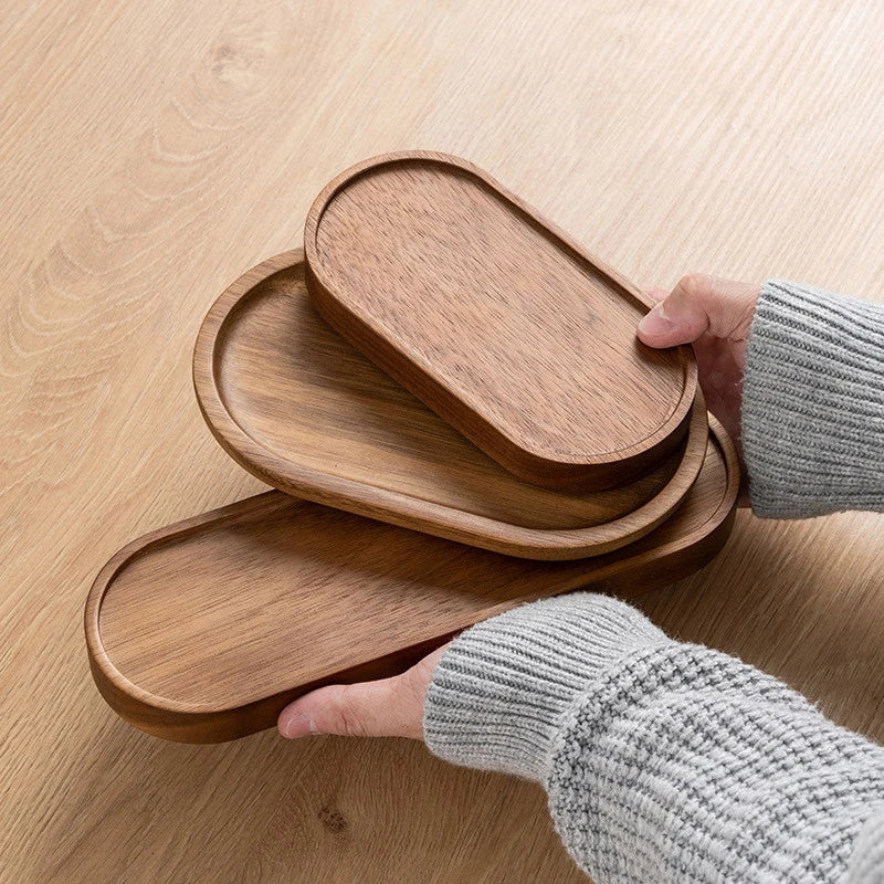 Solid Wood Serving Tray Oval Round Wooden Plate Platter for Serving Food Desserts Dinner Table