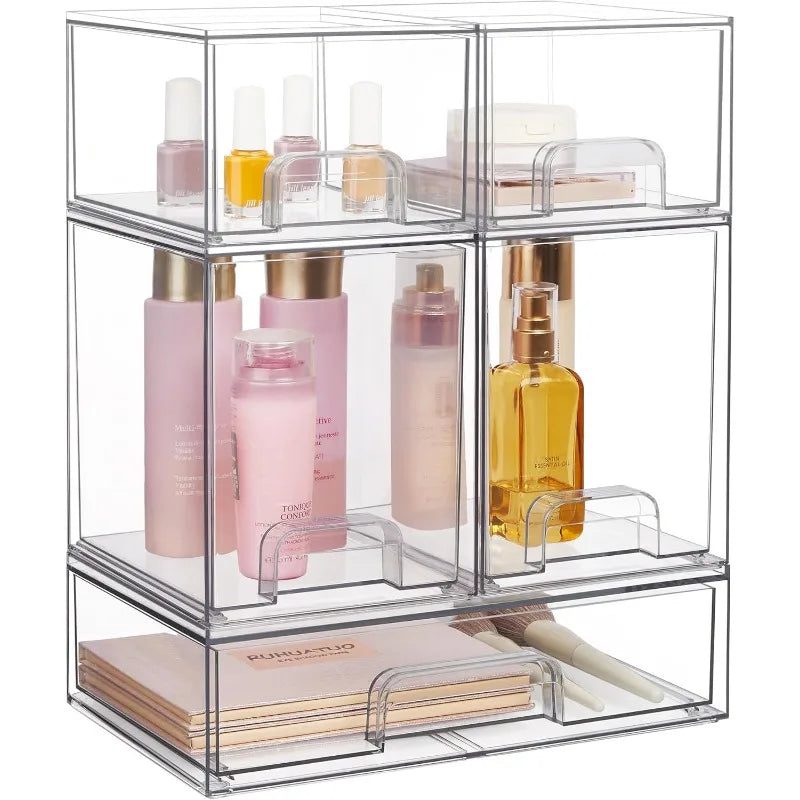Stackable Storage Drawer Set Clear Plastic Organizer Bins for Vanity Bathroom Cabinet and Countertop Storage