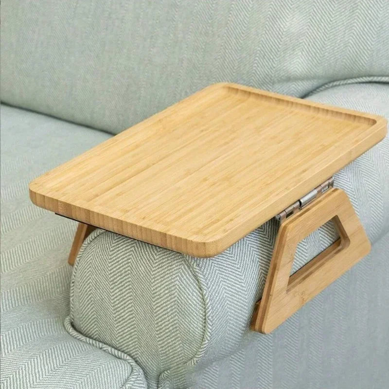 Foldable Sofa Armrest Tray with Clip On Design for Snacks Drinks and Living Room Use
