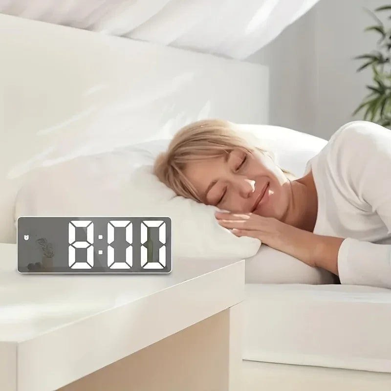 Digital LED Mirror Alarm Clock with Temperature Display and Dual Power Modes for Bedroom and Desk Use