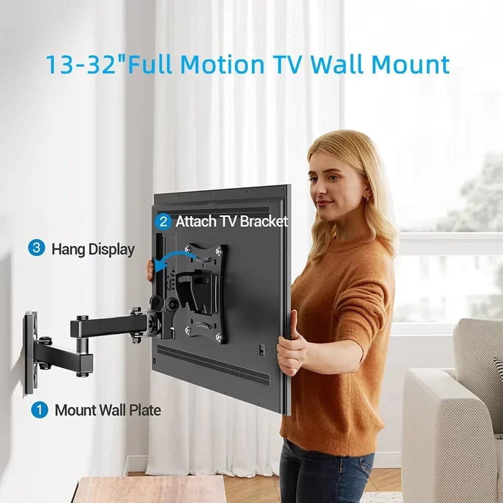 Full Motion Wall Mount Bracket with Swivel, Tilt, and Rotation for 10-32 Inch Flat and Curved TVs