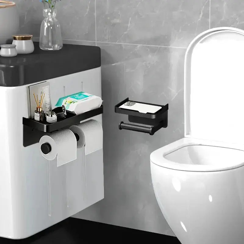 Toilet Paper Holder with Phone Shelf Space Aluminum for Bathroom Wall Mount Storage