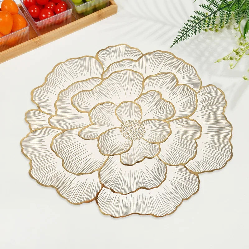 Nordic Style Peony Placemat Gold PVC Round Table Mat Anti Slip Waterproof Dining Table Decor