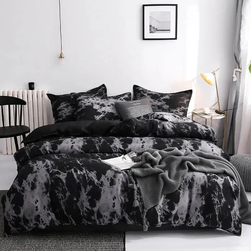 Dark Marble Print Duvet Cover Set with Zipper Closure and Matching Shams for Modern Bedroom Styling