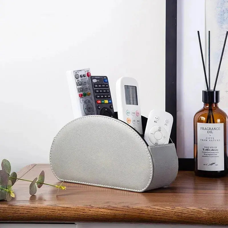 Remote Control Holder with 5 Compartments Vegan Leather Desktop Organizer for Living Room and Office Storage