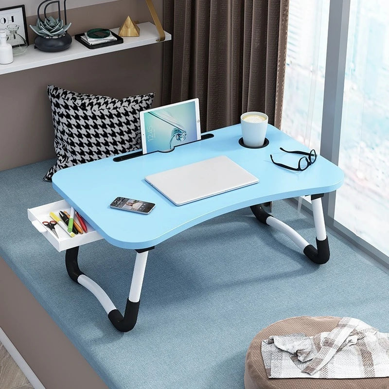 Folding Mini Table with Cup Holder, Bed Tray, and Tablet Stand for Laptop Use, Study, or Bedside Activities