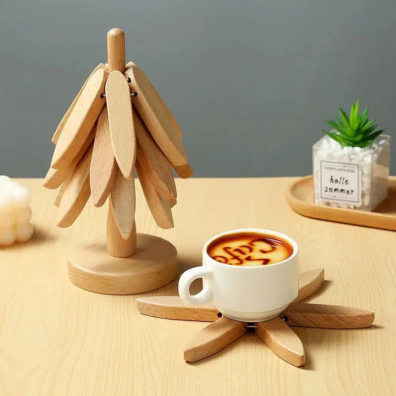 4 Piece Wooden Tree Trivet Set Heat Resistant Table Mat Coasters for Pots and Pans
