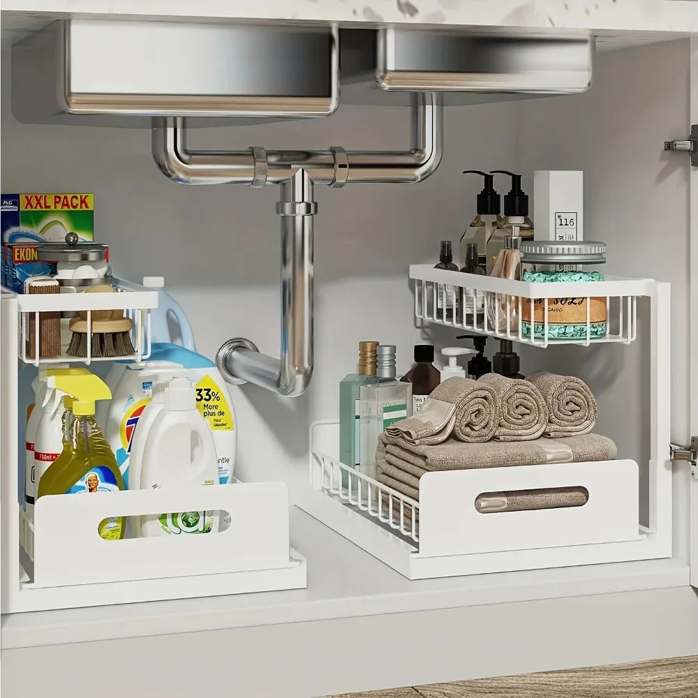 Double Layer Under Sink Organizer with Pull Out Sliding Shelf Design for Kitchen and Bathroom Storage