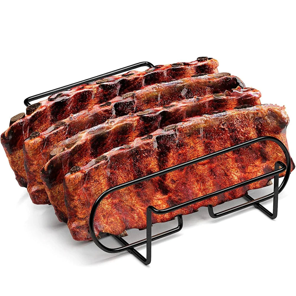 Non Stick BBQ Rib Rack Steel Roasting Stand for Grilling 4 Ribs on Gas Grill or Smoker