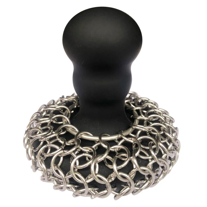 Cast Iron Cleaner Scrubber with Chain Mail Sponge, Silicone Handle, and Pan Scraper for Skillet Grill and Dutch Oven