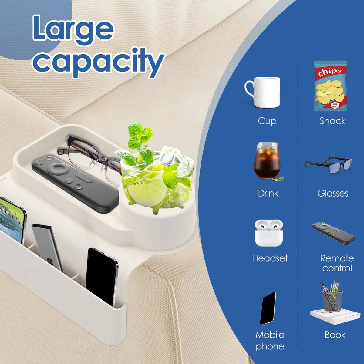 Silicone Sofa Armrest Cup Holder Tray with Anti Slip Design and Side Pocket Storage