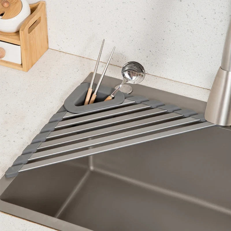 Silicone Triangular Sink Drain Rack with Folding Design for Kitchen Sponge and Utensil Storage