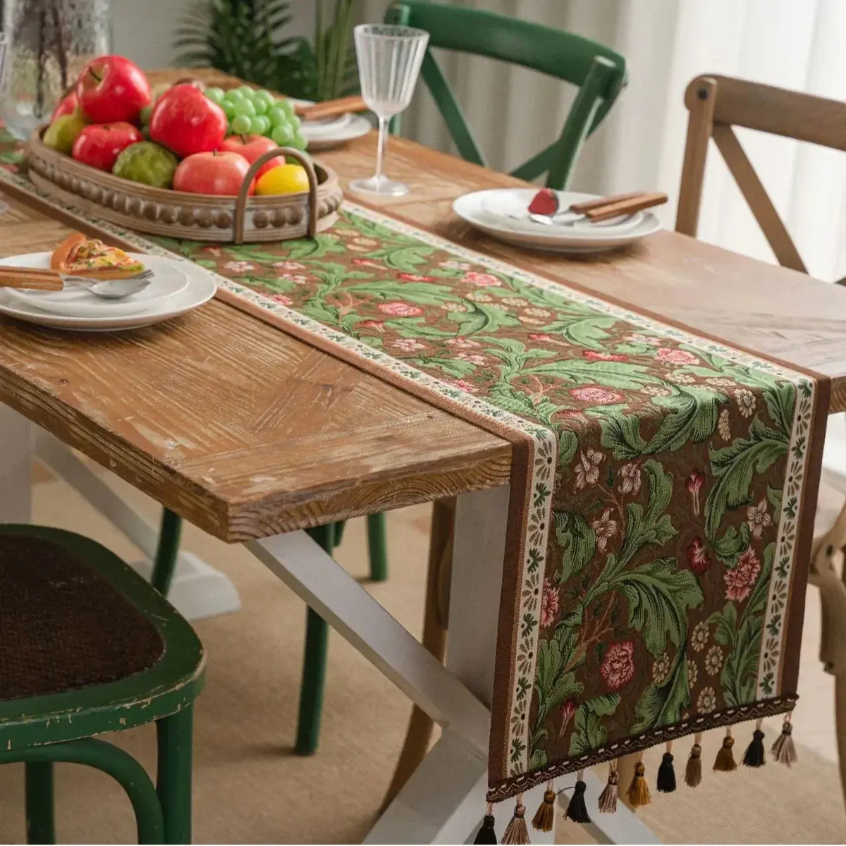 Jacquard Plant Table Runner with Tassels for Dining Table Decor