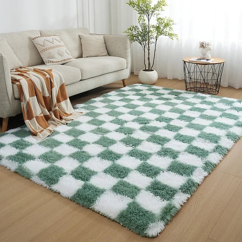 Nordic-Style Soft Plush Checkered Rug for Living Room, Bedroom, Bedside, or Sofa, Fluffy Polyester Carpet for Home Decoration