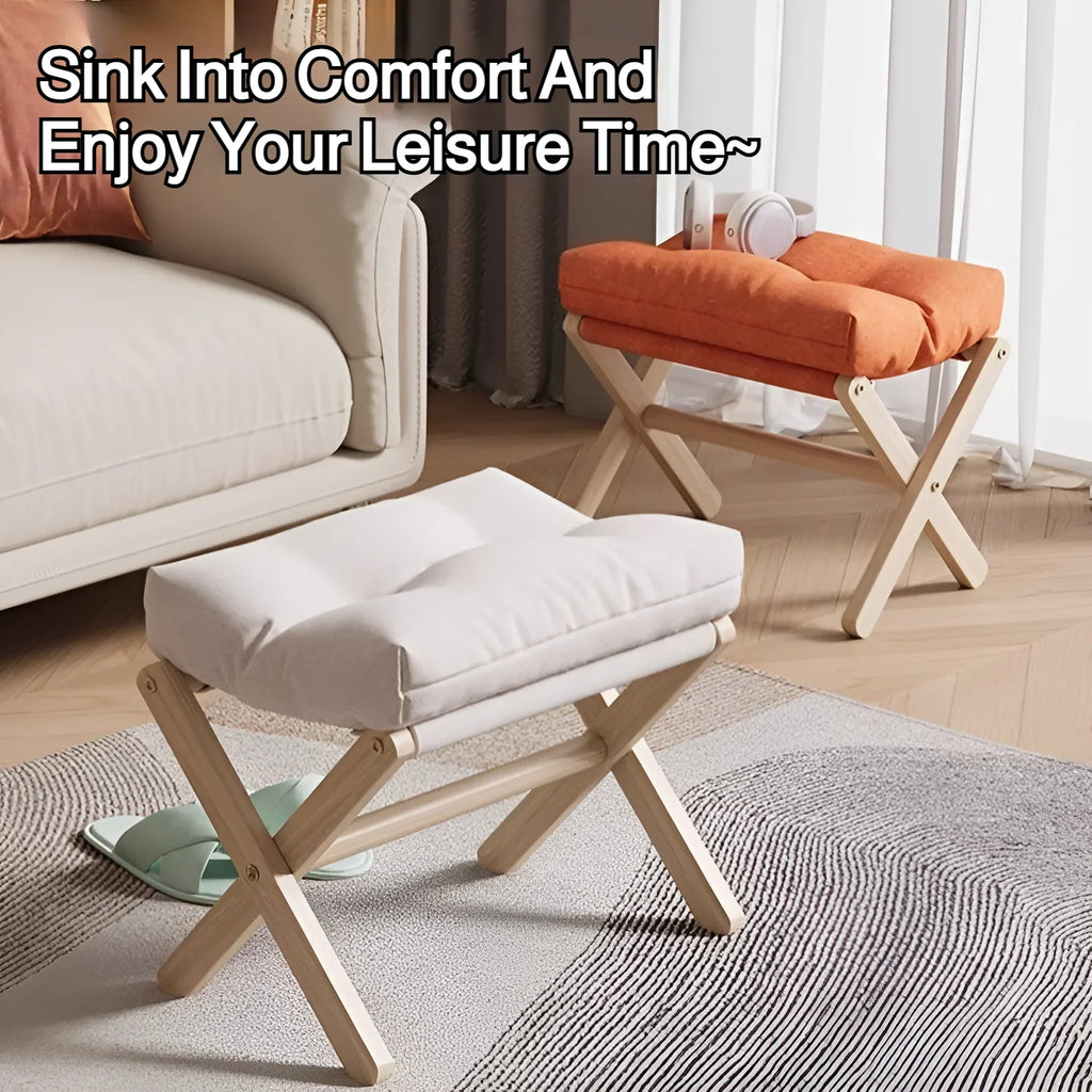 Solid Wood Folding Footstool with Cotton Cushion for Entryway, Shoe Changing, or Sofa Rest