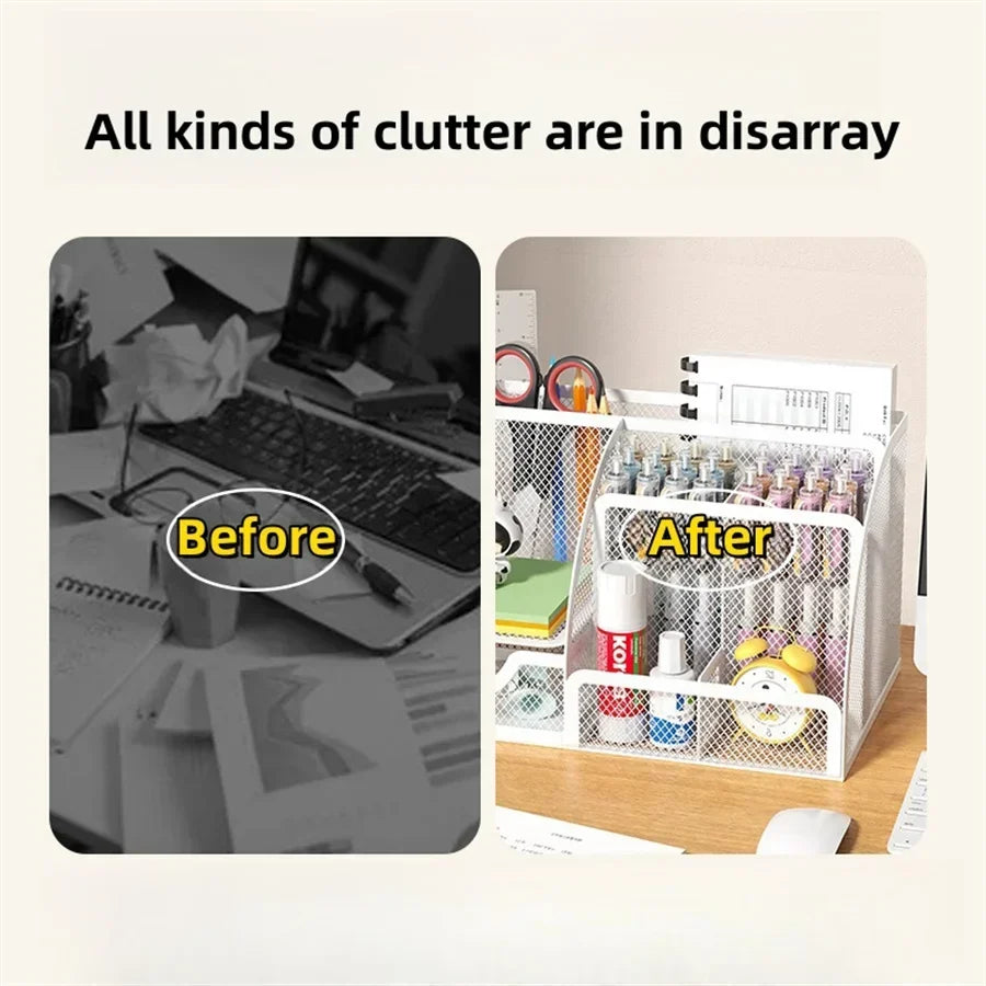 Metal Stationery Holder with 7 Compartments and Drawer for Office Supplies and Desktop Storage