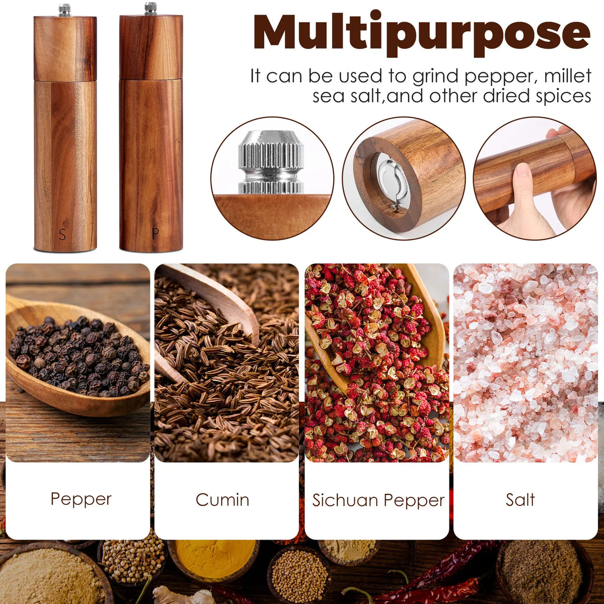 Wooden Pepper Grinder Set with Adjustable Coarseness Design for Sea Salt Peppercorns and Kitchen Seasoning