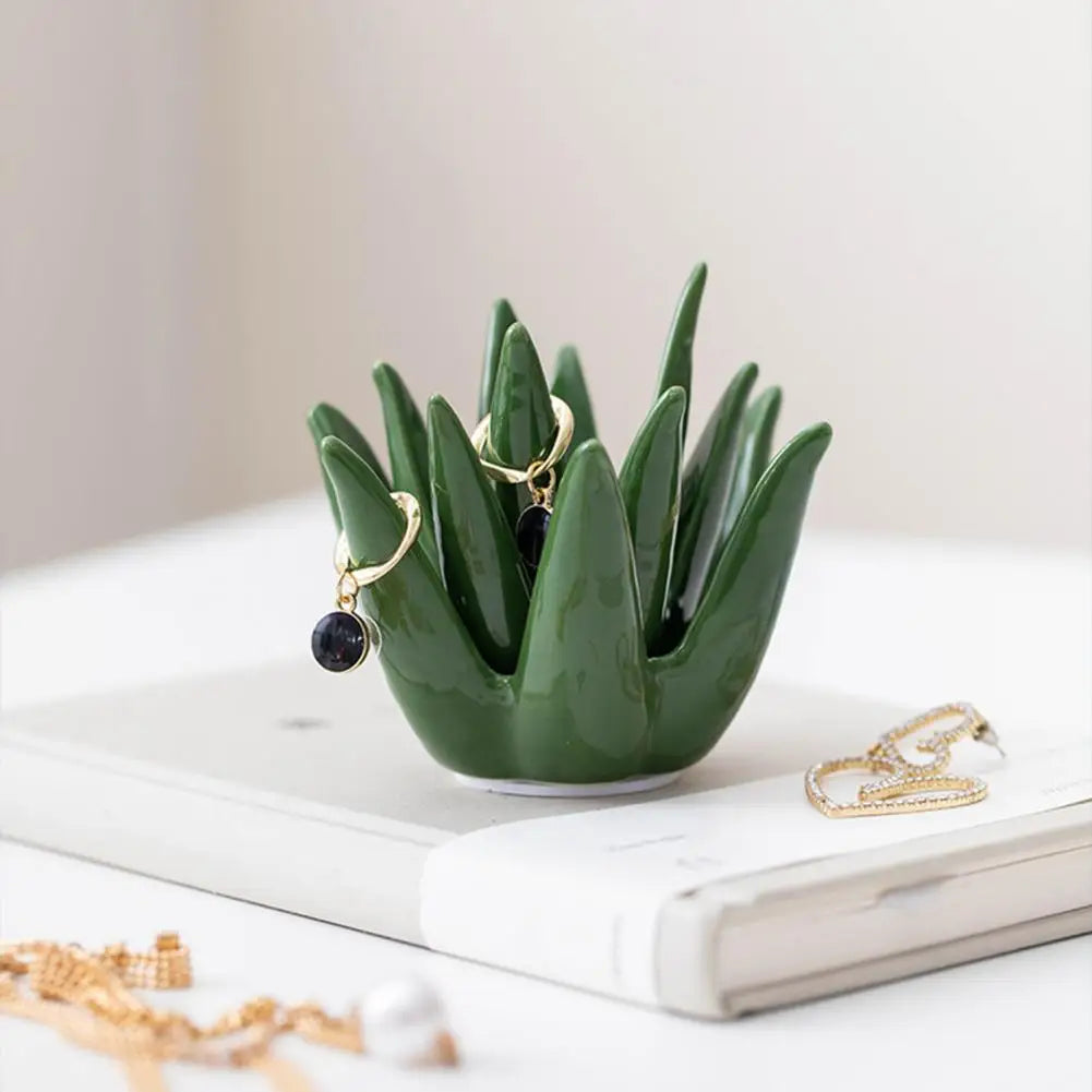 Succulent Ring Holder Dish with Ceramic Cactus Design for Jewelry Storage and Gift Giving