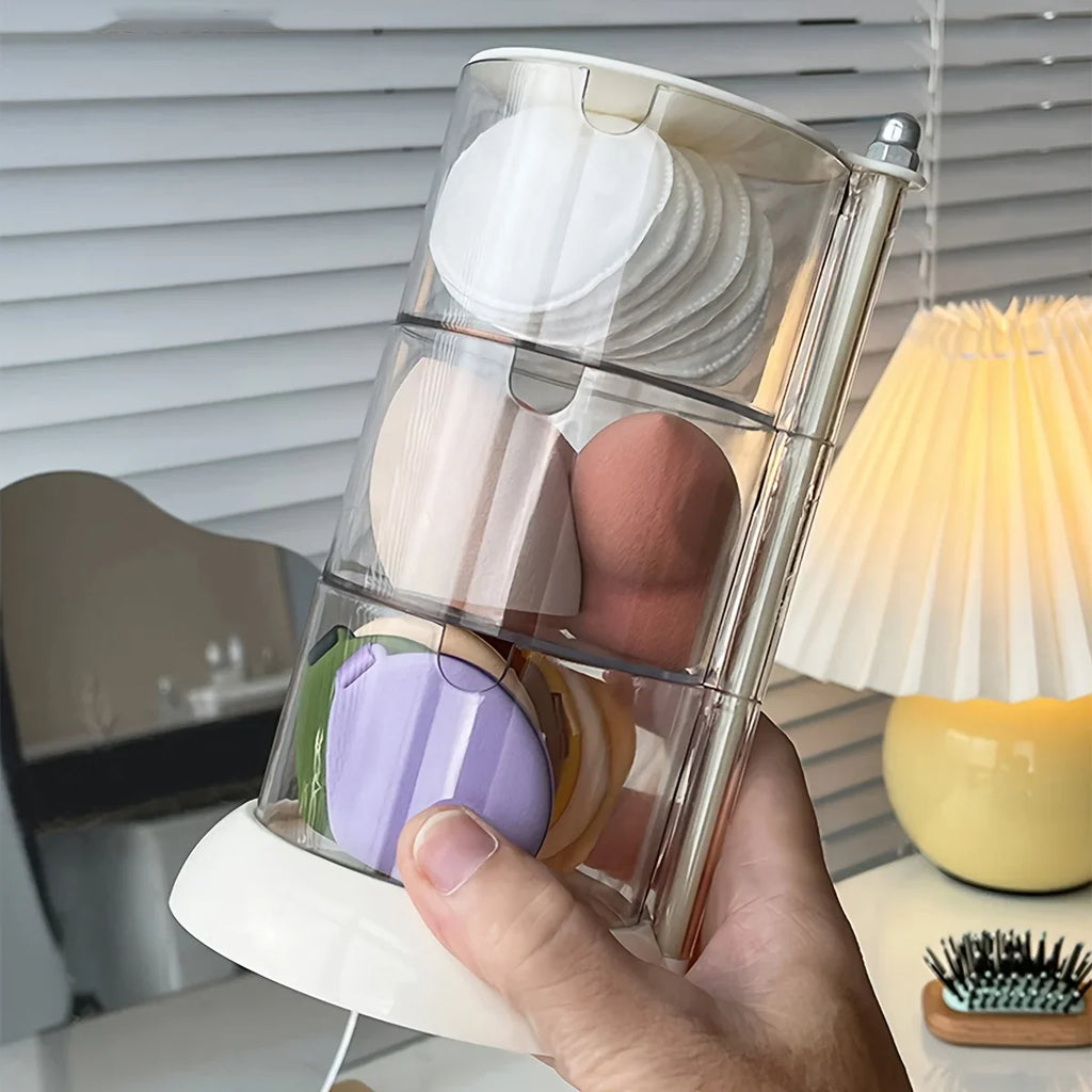 Rotatable Stackable Makeup Sponge Organizer with Dustproof Clear Storage Design for Vanity and Cosmetics