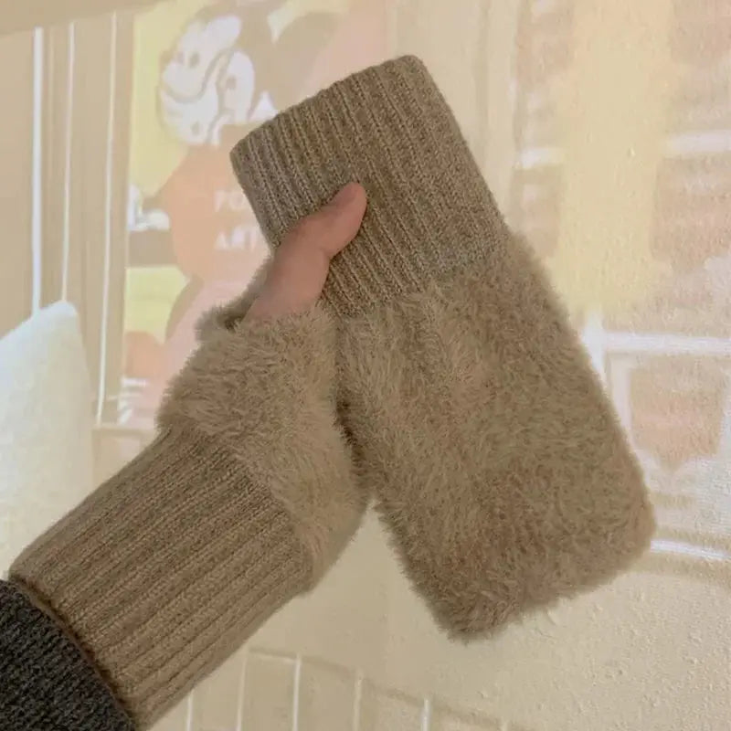 Women Fingerless Winter Gloves Soft Plush Knitted Wrist Mittens