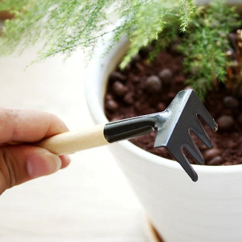 3 Pcs Mini Gardening Kit with Metal Tools and Wooden Handles for Seedling Transplanting and Indoor Outdoor Plant Care