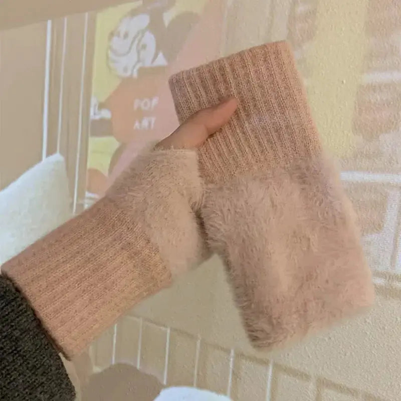 Women Fingerless Winter Gloves Soft Plush Knitted Wrist Mittens