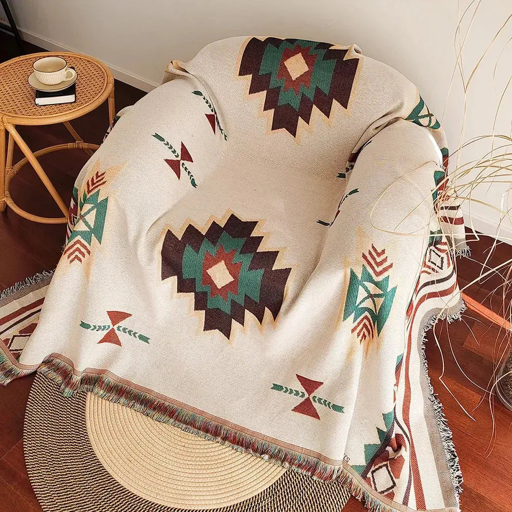 Oversized Aztec Woven Throw Blanket with Fringe Detailing for Home Décor and Layered Styling