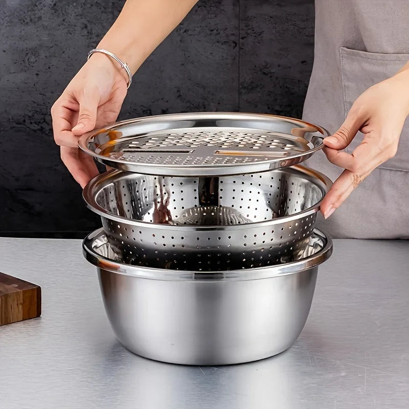 Stainless Steel Slicer Bowl Set with Colander and Grater Design for Fruit Vegetable Prep and Mixing