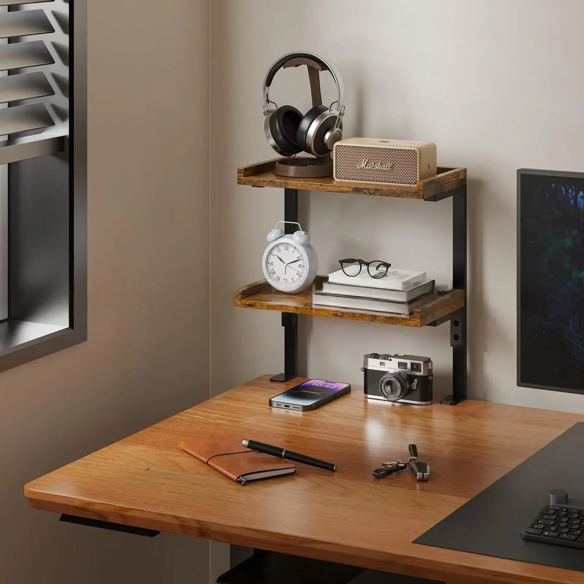 Clamp Desk Shelf with Two Tier Wood Shelving for Office Desk and Gaming Accessory Storage