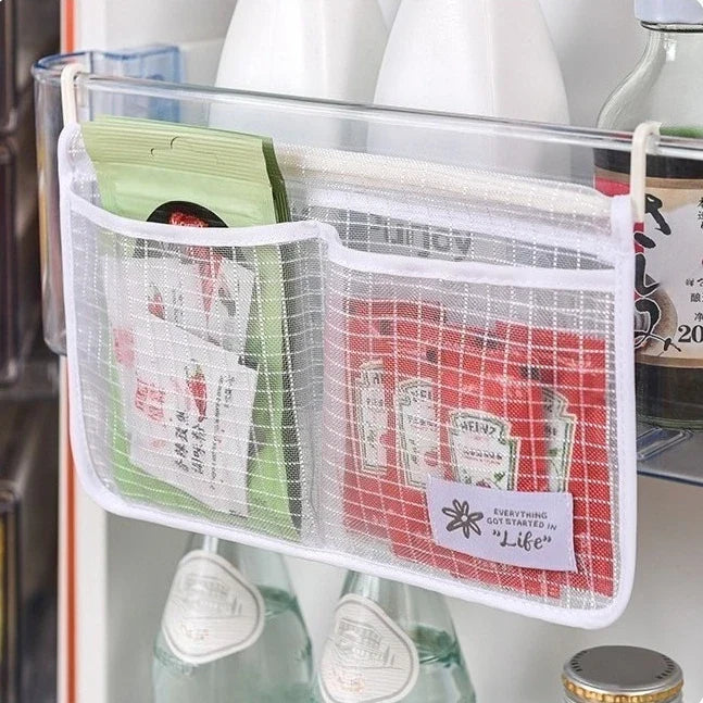 Refrigerator Mesh Organizer Bag with Double Compartment Hanging Design for Sauce Packet and Kitchen Storage
