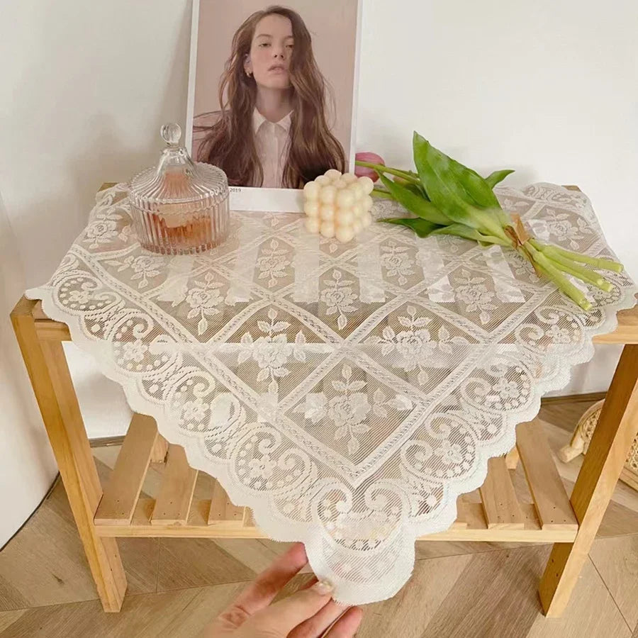 Antique Embroidered Lace Tablecloth Elegant Flower Cut Polyester Table Cover for Dining Table Holiday Decor