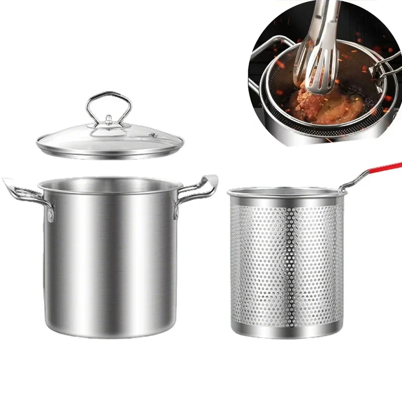 Stainless Steel Deep Fryer Pot with Basket and Lid for Tempura and Everyday Frying Use