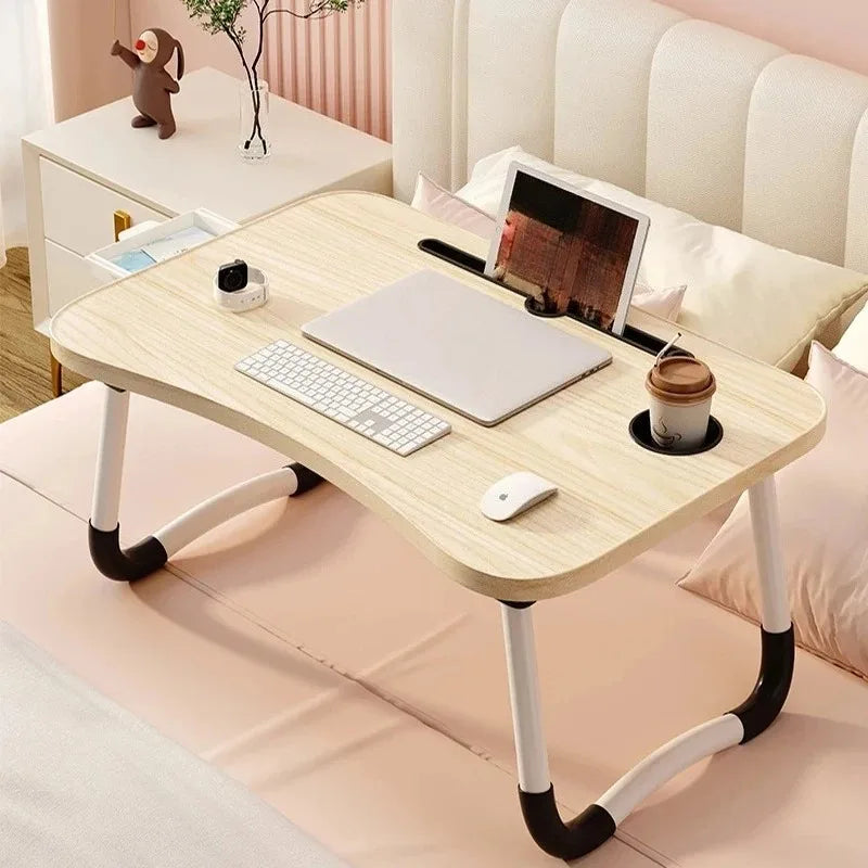 Folding Mini Table with Cup Holder, Bed Tray, and Tablet Stand for Laptop Use, Study, or Bedside Activities