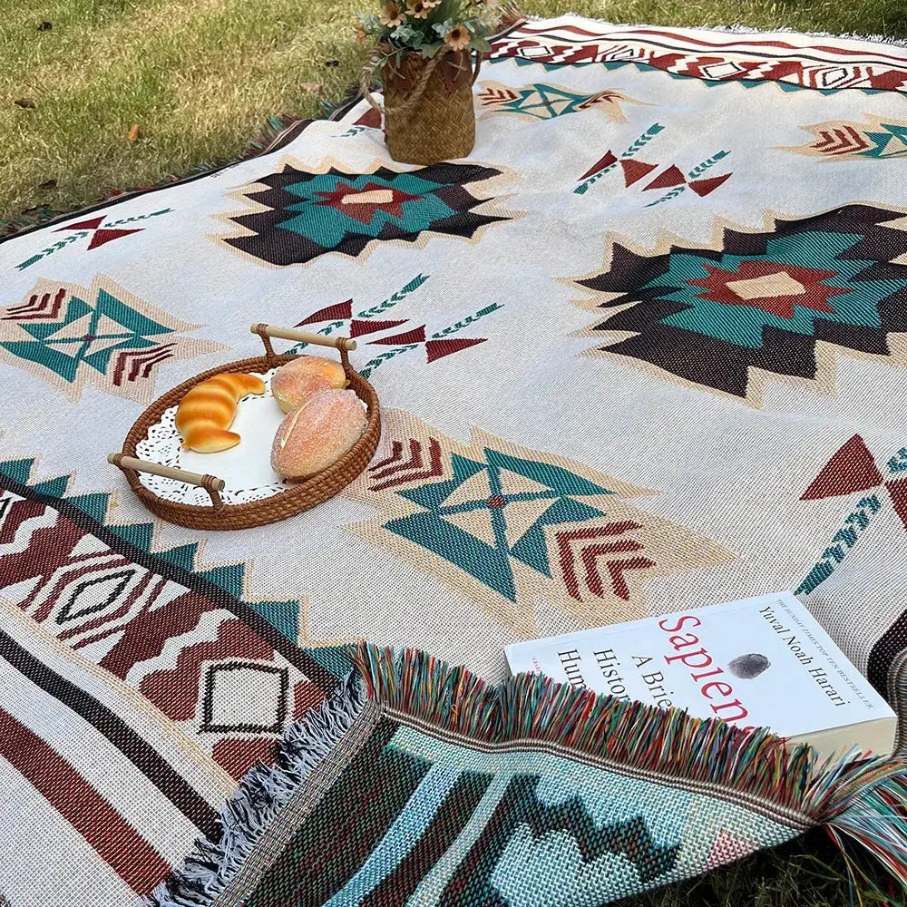 Oversized Aztec Woven Throw Blanket with Fringe Detailing for Home Décor and Layered Styling