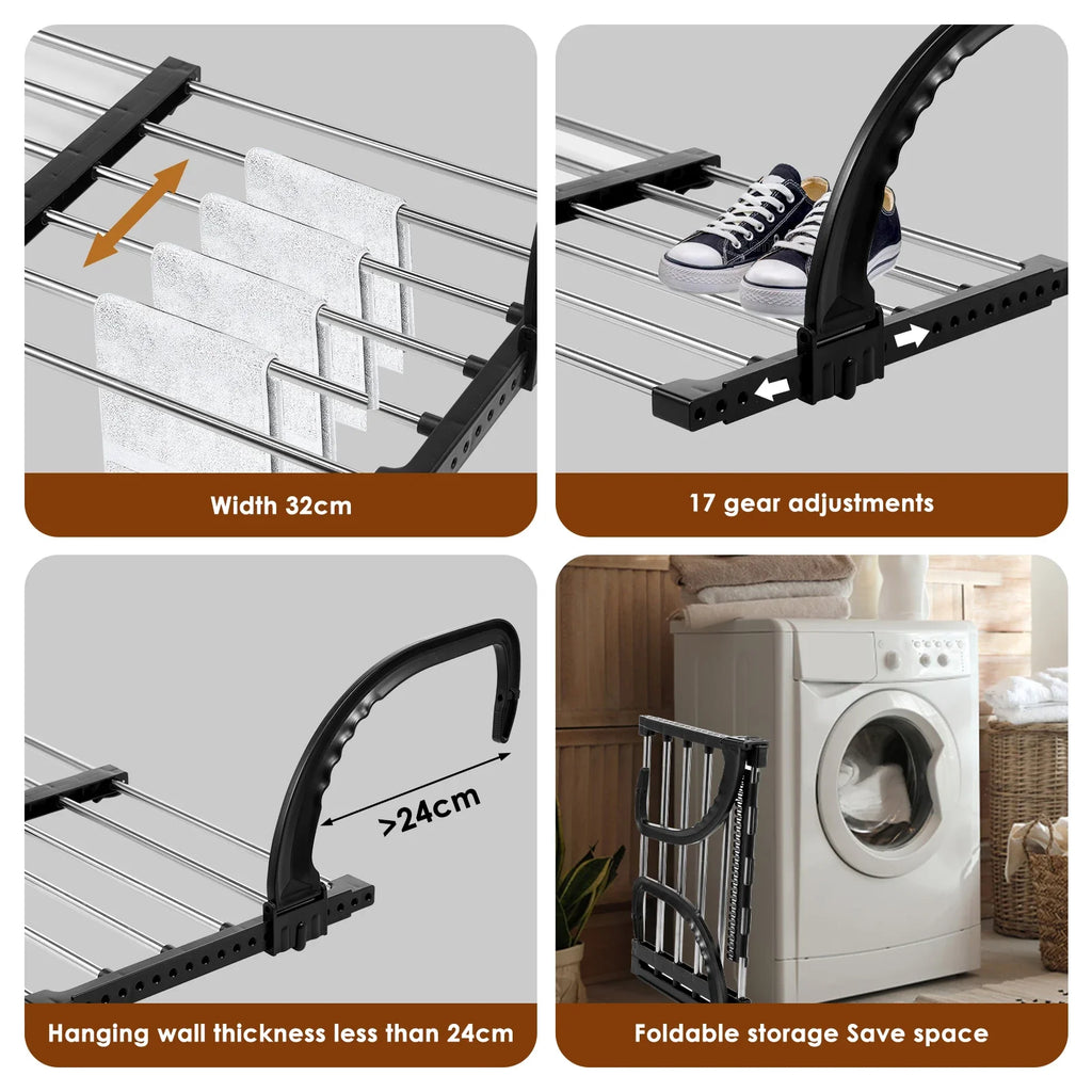 Extendable Radiator Drying Rack with Foldable Stainless Steel Rods for Balcony Bathroom and Laundry Use