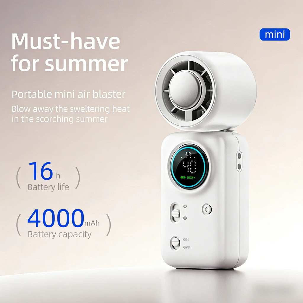 Portable 100-Speed Mini Cooling Fan with LED Display and 4000mAh USB Rechargeable Design for Travel