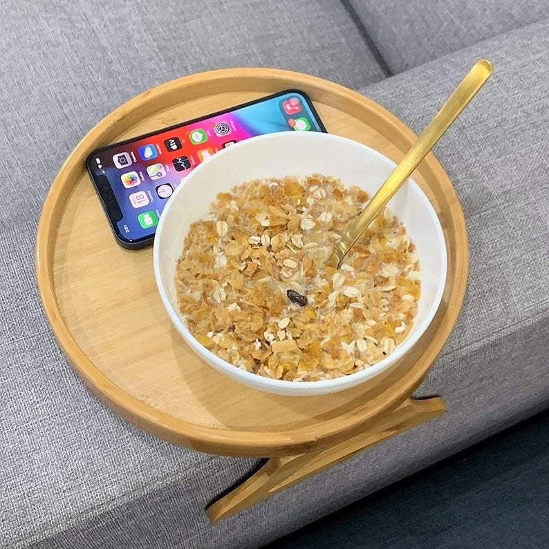 Foldable Sofa Armrest Tray with Clip On Design for Snacks Drinks and Living Room Use